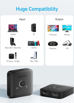 Anker HDMI Switch, 2 in 1 Out HDMI Switcher, Monitor Switch with 4K@60Hz | Smooth Finish, Supports HDR/3D/Dolby, for Laptops/PC/Xbox/PS5/PS4/Projector, and More