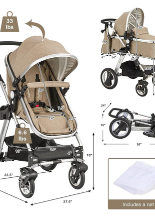 BABY JOY Baby Stroller, 2-in-1 Convertible Bassinet Reclining Stroller, Foldable Pram Carriage with 5-Point Harness, Including Cup Holder, Foot Cover, Diaper Bag, Aluminum Structure, Khaki