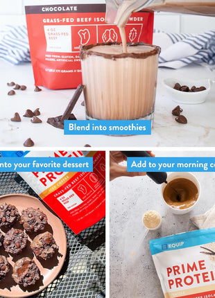 Equip Prime Chocolate Protein Powder - Gut-Friendly, No Sugar Protein Shake Powder with Grass-Fed Beef & Natural Collagen - Rich & Creamy Mix - 21g Per Serving - Whey & Dairy-Free (30 Scoops)