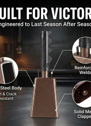 9 inch Metal Cowbell with Handle - (1 Pack) Cow Bells Loud Cheering Noise Makers for Sporting Events, Football Games, School Spirit, Rallies & Celebrations - Copper Steel Percussion Music Instrument