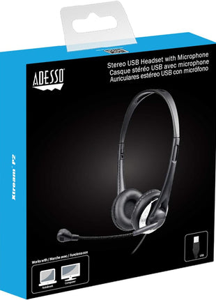 Adesso Xtream P2 USB Stereo Headphone with Adjustable Noise Canceling Microphone,Black