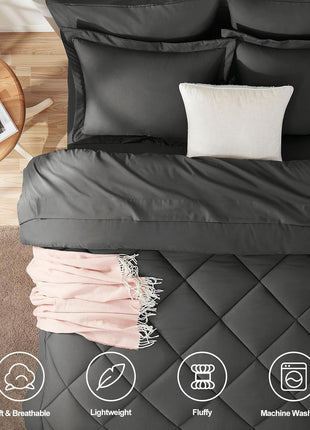 CozyLux Queen Comforter Set Dark Grey   Bed in a Bag Queen Size 7 Pieces, Luxury Soft Bed Set for All Seasons, Bedding Set with Down Alternative Comforter, Sheets, Pillowcases & Shams