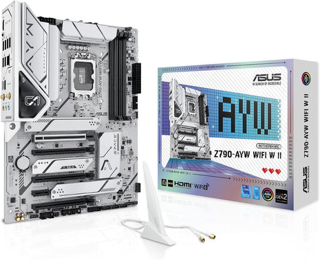 ASUS Z790-AYW WiFi W II Intel Z790 (LGA 1700) ATX Motherboard with PCIe® 5.0, 3X M.2, 12+1 DrMOS, DDR5, WiFi 6, 2.5Gb LAN, HDMI, USB 10Gbps Type-C®, USB 10Gbps Type-C®, ThunderboltTM, USB4®, Aura Sync