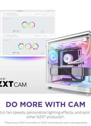 NZXT F360 RGB Core - 360mm Single-Frame RGB Fan Unit - White | 360mm single-frame unit with three 120mm RGB fans on one cable. Speed and lighting controlled through CAM.