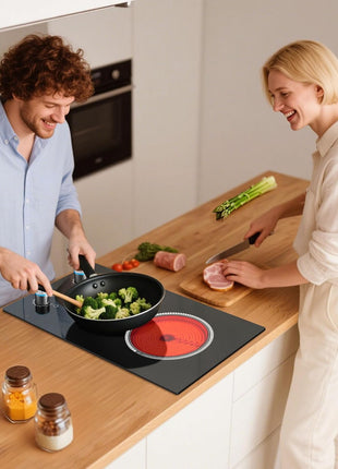 2 Burner Electric Cooktop 110V, Knob 12 Inch Electric Stove Top | 120V Stove Top Burner Knob Control, 2000W Countertop Stove, Timer, 9 Heating Levels, Overheat Protection, High-Temp Alarm