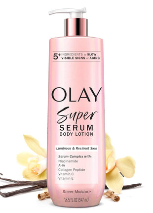 Olay Super Serum Hand & Body Lotion for Dry Skin, 24hr Long Lasting Hydration, 5+ Ingredient Complex for Bright Even Firm Luminous Skin, Sweet Vanilla & Soft Wood Scent, 18.5 fl oz