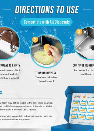 Garbage Disposal Cleaner Deodorizer Tablets   24 Pack, New Powerful xL Foaming Tablet   Fresh Citrus Foam Sink Garburator Disposer Freshener, Natural Kitchen Drain Cleaning Care   1 Year Supply