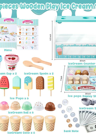WHOHOLL Wooden Ice Cream Counter Playset for Toddler Girl Toys, Play Store Pretend Toy Food Play Kitchen Accessories with Fake Money & Coin, Christmas Birthday Gifts for 3+ Year Old Kids (Green)