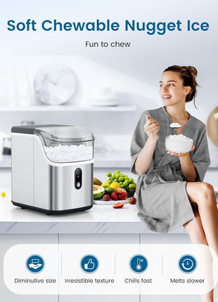 COWSAR Nugget Ice Makers Countertop Soft Chewable Pellet Ice Machine with Auto-Cleaning Function, 34Lbs/24H, Portable Ice Makers for Kitchen, Office, Home,Silver