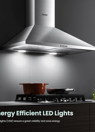 COMFEE' Wall Mount Range Hood 30 Inch, 450 CFM Ducted/Ductless Convertible | Stainless Steel Chimney-Style Vent Hood, 3-Speed Exhaust Fan with 2 LED Lights and 5-Layer Aluminum Permanent Filters