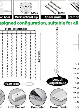 ZSJWL 300 LED Curtain Fairy Lights with Remote, 9.8 × 9.8 Ft, USB Plug in | 8 Modes, Waterproof, Twinkle Silver Wire, String Lights for Bedroom, Windows, Christmas, Wedding and Party Decor, Warm White