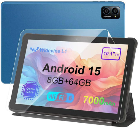10 inch Android 15 Tablet: Octa-Core, 8GB RAM 64GB, 7000mAh, with Stand Case, IPS HD Display, Wi-Fi 6, OTG, Metal Body – Fast & Portable Tablet for Work & Entertainment, 2-Year Protection