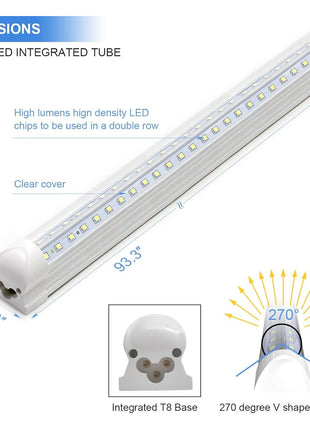 10-Pack 8ft LED Shop Light Fixture - 90W T8 Integrated LED Tube Light - 6500K 12000LM V-Shape Linkable - High Output - Clear Cover - Plug and Play - 270 Degree Lighting for Garage, Shop, Barn
