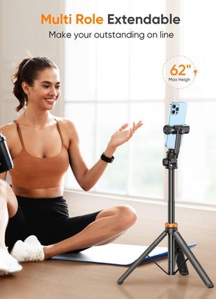 EUCOS 62" Phone Tripod, Tripod for iPhone & Selfie Stick with Remote | Extendable Cell Phone Stand & Ultimate Phone Holder, Solidest Phone Stand Compatible with iPhone/Android