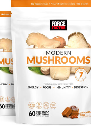 Force Factor Modern Mushrooms Soft Chews, Mushroom Supplement | with Lions Mane, Turkey Tail & Cordyceps to Support Energy, Focus & Digestion, Cinnamon Roll, 120 Soft Chews, 2-Pack