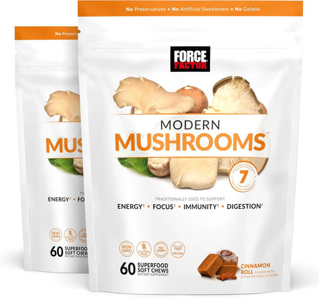 Force Factor Modern Mushrooms Soft Chews, Mushroom Supplement | with Lions Mane, Turkey Tail & Cordyceps to Support Energy, Focus & Digestion, Cinnamon Roll, 120 Soft Chews, 2-Pack
