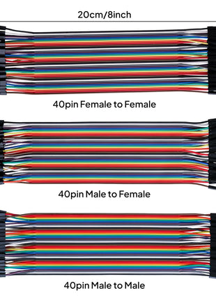 ELEGOO 120pcs Multicolored Dupont Wire M-F, M-M, F-F for Breadboard Jumper | 40pin M-F, 40pin Male to Male, 40pin Female to Female Breadboard Jumper Ribbon Cables Connectors