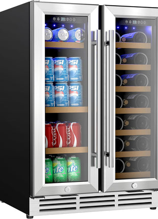 EUHOMY Wine and Beverage Refrigerator, 24 Inch Dual Zone Wine Cooler with Glass Door Hold 21 Bottles and 88 Cans, Built in or Under Counter Wine Fridge with Blue LED Light