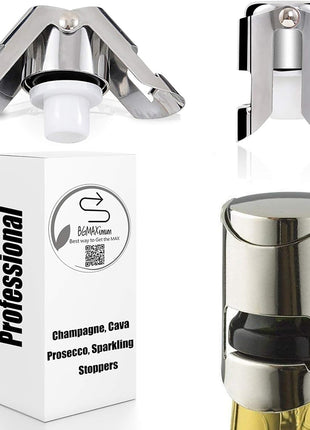 Champagne Sealer Stopper, BGMAx 3 Pack Stainless Steel Sparkling Wine Bottle Plug Sealer Set with a Longer Sealing Plug, Gifts Accessories for Champagne