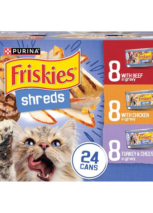 Purina Friskies Gravy Wet Cat Food Variety Pack, Shreds With Beef, With Chicken, and Turkey and Cheese Dinner - (Pack of 24) 5.5 oz. Cans