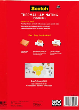 Scotch Thermal Laminating Pouches, 100 Count, Clear, 5 mil, Laminate Business Cards, Small Banners, Essays, Office or School Supplies, Fits Letter Size 8.9x11.4 in Paper