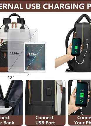 Laptop Backpack for Women Bag - 15.6 inch Work Travel Backpack with USB Charger College Bookbag Waterproof Business Computer Backpack Anti-theft Casual Backpacks for Nurse Teacher Beige Black Brown