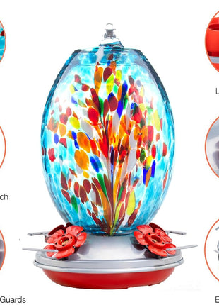 Muse Garden Glass Humming Bird Feeders for Outdoors - 27OZ Blown Glass Hummingbird Feeder - Unique Gift Mom Women, Outdoors Hanging Garden Decor, Includes Ant Moat & Brush, Blue Fireworks
