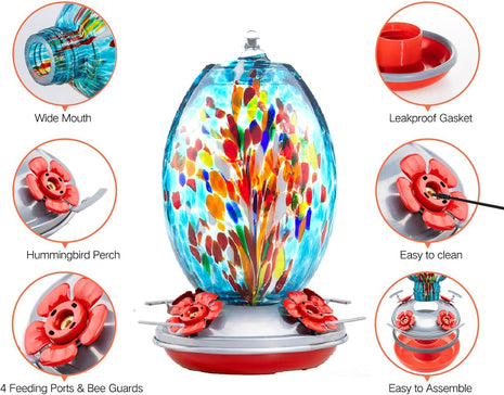 Muse Garden Glass Humming Bird Feeders for Outdoors - 27OZ Blown Glass Hummingbird Feeder - Unique Gift Mom Women, Outdoors Hanging Garden Decor, Includes Ant Moat & Brush, Blue Fireworks