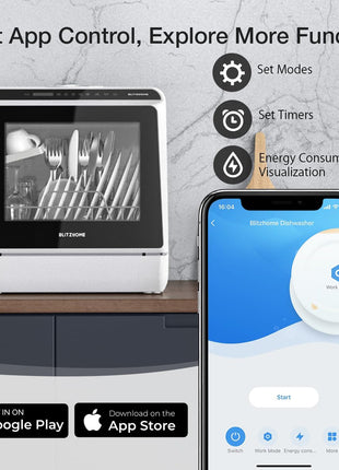 BLITZHOME Portable Dishwasher Countertop, WIFI Smart Dishwasher, Compact Dishwashers with 5L Built-in Water Tank, 6 Programs, 360° Dual Spray, High-Temp& Air-Dry Function, Fruit Cleaning