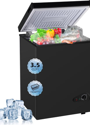 Deep Freezer 3.5 Cu.Ft, Chest Freezer with Removable Basket, Small Freezer with 6 Levels Adjustable Temperature, Quiet Mini Freezer for Home/Kitchen/Office/Garage/Bar (Black)