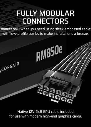 CORSAIR RM850e (2025) Fully Modular Low-Noise ATX Power Supply with 12V-2x6 Cable – ATX 3.1 & PCIe 5.1 Compliant, Cybenetics Gold Efficiency, 105°C-Rated Capacitors, Modern Standby Mode – Black