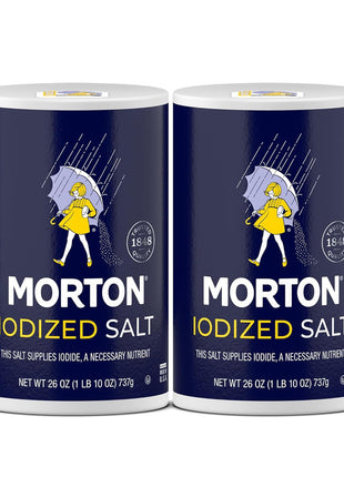 Morton Salt Iodized, All-Purpose Iodized Salt, 26 oz, 2-Pack | Table salt, a seasoning ingredient with no clumps and an easy-pour spout, a salt with iodine, perfect for cooking & table use