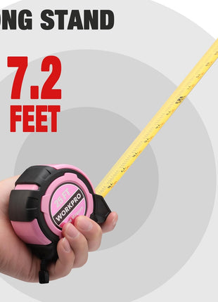 WORKPRO 25FT Pink Tape Measure, 1/8 Fractions Easy Read Measuring Tape, Retractable Nylon Coating Measurement Tape Accuracy 1/32, Magnetic Hook, Belt Clip, Rubber Protective Casing - Pink Ribbon