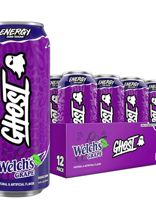 GHOST Energy Drink, Zero Sugars, 12-Pack, Welch's Grape, 16oz | Energy & Focus Pre Workout Drink, No Artificial Colors, Gluten-Free, Vegan - 200MG Natural Caffeine, L-Carnitine, Taurine
