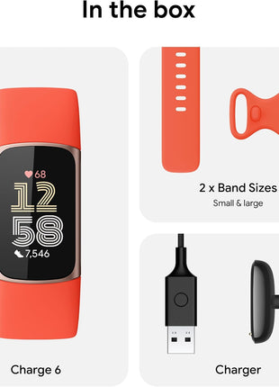 Fitbit Charge 6 Fitness Tracker with Google Apps - Heart Rate on Exercise Equipment - 3-Month Google Health Premium Membership Included - Health Tools - Gold/Coral - Small&Large Bands Included