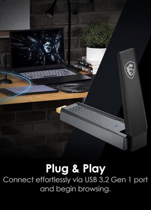 MSI AX1800 WiFi 6 Dual-Band USB Adapter - WLAN up to 1800 Mbps (5GHz, 2.4GHz Wireless), USB 3.2 Gen 1 Type-A, MU-MIMO, Adjustable Antenna, Beamforming, WPA3 - Wired Bracket Included