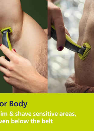 Philips Norelco OneBlade 360 Hybrid Face + Body Trimmer and Shaver | 360 Blade Technology, 100% Showerproof, Stainless Steel Blade Lasts up to 4 months, Body Kit, 60-Min Runtime, QP2834/70