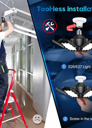 TANBABY 2 Pack LED Garage Lights, Deformable Ceiling Light, 30000LM 6500K | E26/E27 Screw-in Garage Light Bulb with 6+1 Adjustable Panels for Garages, Basements, Workshops, and Storage Areas