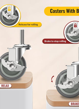 HOLKIE Caster Wheels 3 inch Locking Casters Set of 4, Threaded Stem 3/8 inch -16 x 1-1/2 inch (Diameter 3/8 inch, Length 1-1/2 inch) Swivel Heavy Duty Castors Gray