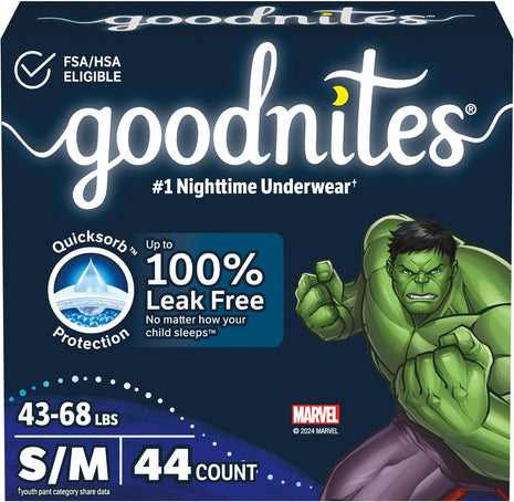 Goodnites Boys' Nighttime Bedwetting Underwear, Size S/M (43 68 lbs), 44 Ct (2 Packs of 22), Packaging May Vary