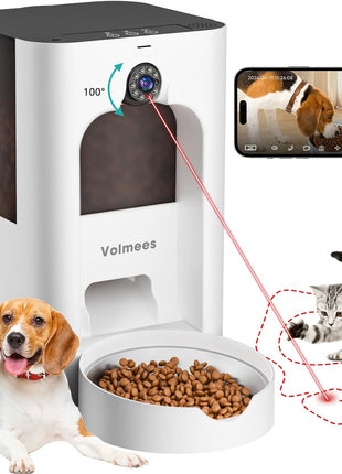 Automatic Cat Feeder with 2K Camera, Laser Tease Pet, 2.4 & 5GHz WiF Pet Feeder for Cat & Dog, Schedule Feeding Pet Food Dispenser w/Camera Rotates Up and Down, Night Vision, 2-Way Audio, 4L