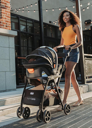 Chicco KeyFit Caddy Baby Stroller Frame with Adjustable Handle, Parent Tray | Accepts all Chicco infant car seats, compact travel stroller, under 12 lbs, all-wheel suspension, cup holders, Black/Black