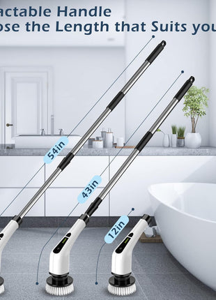 Electric Spin Scrubber, Power Shower Cleaning Brush with Long Handle | Cordless Cleaning Scrubber, 7 Replaceable Brush Heads, 90Mins Work Time, 3 Adjustable Size, 2 Speeds for Bathroom Cleaner