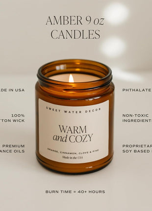 Sweet Water Decor Hello Fall Candle, 9oz Amber Jar, Autumn Scents for Home | Hot Cider, Cinnamon, Cloves, & Nutmeg Soy Wax Scent Notes, 40+ Hour Burn Time, Glass Jar, Black Lid, Thanksgiving & Halloween