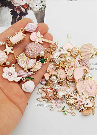 40pcs(20PAIRS) Assorted Gold Tone Enamel Animals Fruit Moon Star Dainty Dangle Flowers Pendants Charms for Jewelry Making Necklace Bracelet, Pink Theme