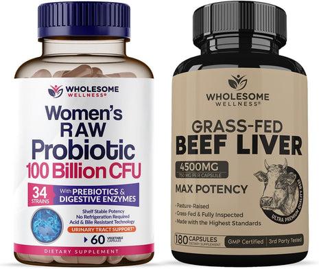 Wholesome Wellness Probiotics for Women 100 Billion CFUs with Prebiotics, Digestive Enzymes + Grass Fed Desiccated Beef Liver Capsules Bundle