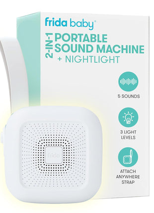 Frida Baby 2-in-1 Portable Sound Machine for Baby + Nightlight | White Noise Sound Machine for Baby with 5 Soothing Sounds & 3 Nightlight Modes | Travel Sound Machine Attaches to Strollers, Car Seats