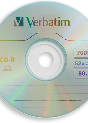 Verbatim CD-R Blank Discs 700MB 80 Minutes 52x Recordable Disc for Data and Music - 50 Pack Spindle,Silver