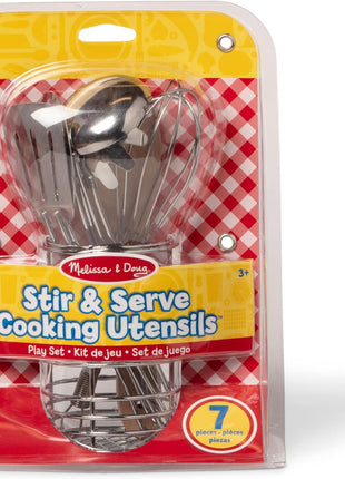 Melissa & Doug Stir & Serve Cooking Utensils (7 pcs) - Stainless Steel & Wooden Play Kitchen Accessories, Preschool Learning Toys for Girls & Boys 3+