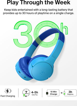 Belkin SoundForm Mini - Wireless Bluetooth Kids Headphones, 30H Battery, 85dB Safe Volume Limit, Built-in Microphone - Toddler On-Ear Earphones for iPhone, iPad - Ideal for School - Blue w/Case